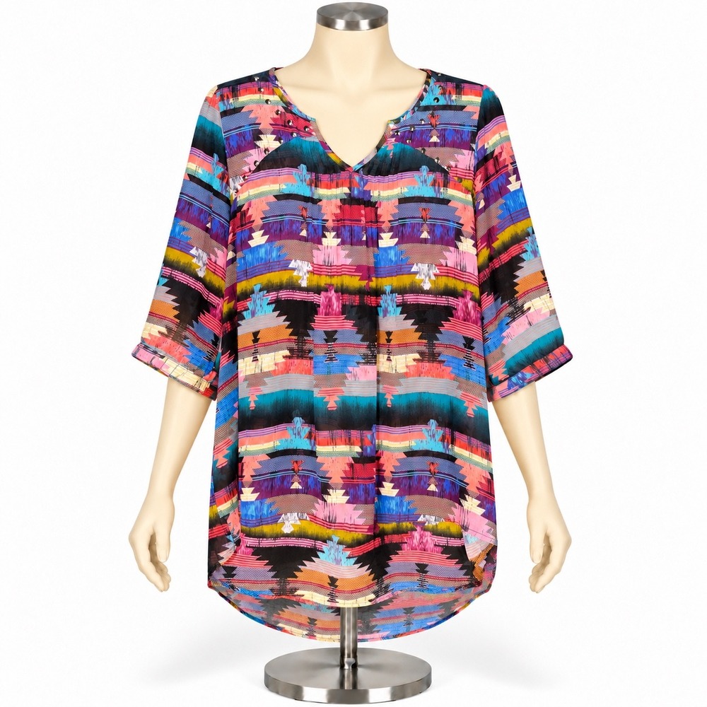 Eye Shadow Womens 2X Multicolor Geometric Studded V-Neck Boho Blouse Top